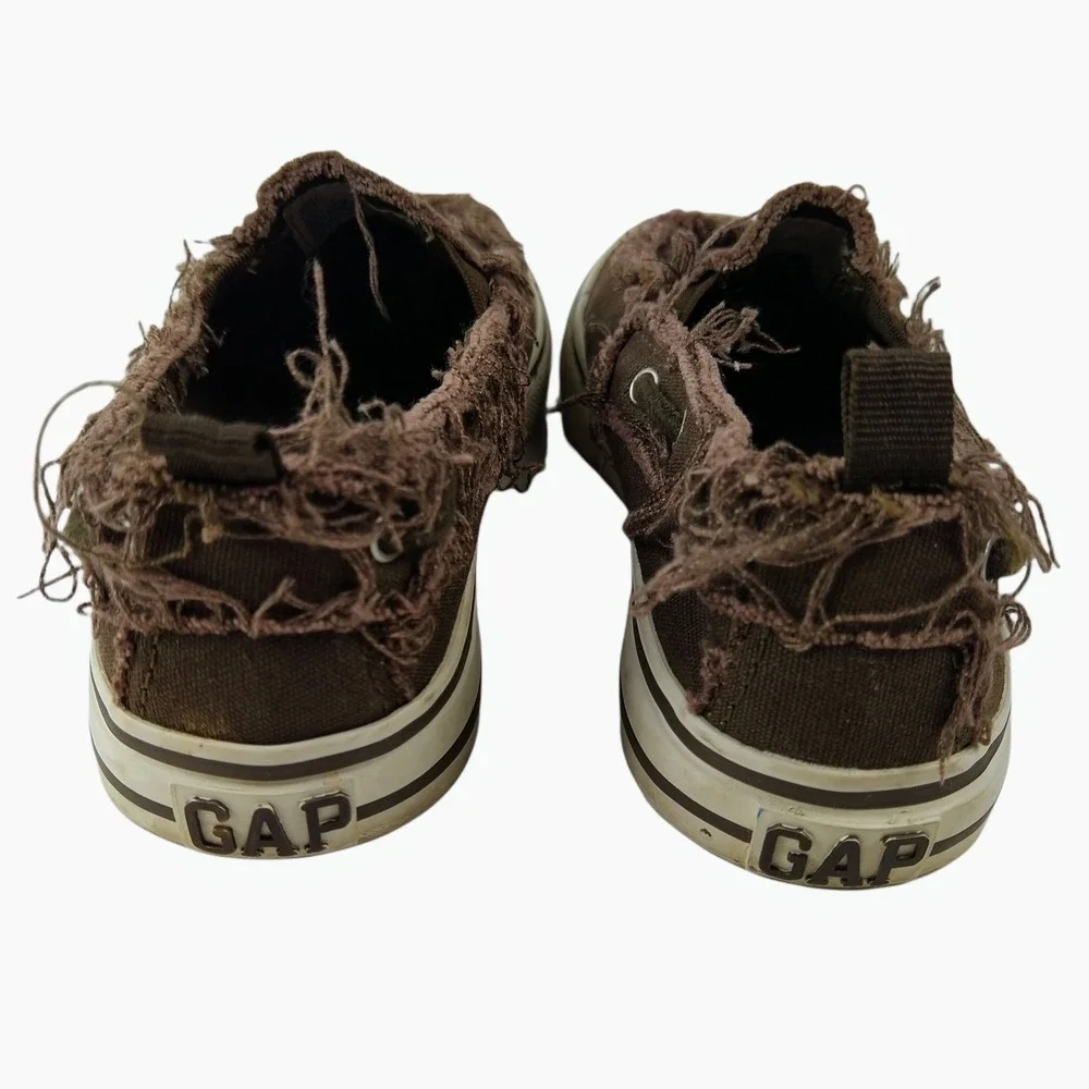 GAP Slip On Shoes Kids Sz 11 Brown Frayed Canvas Distressed‎ Plaid Lined Loafers
